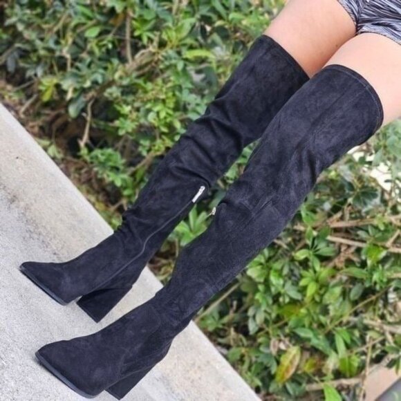 Women's Black Over The Knee pointed Chunky Block Heel Boots - Picture 5 of 6